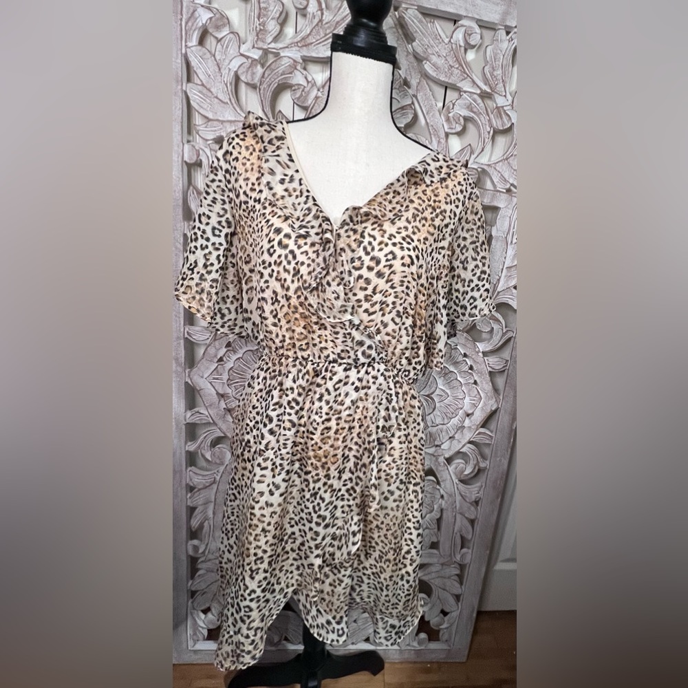NWOT L Love Cheetah Faux Wrap Lined Dress Sz L